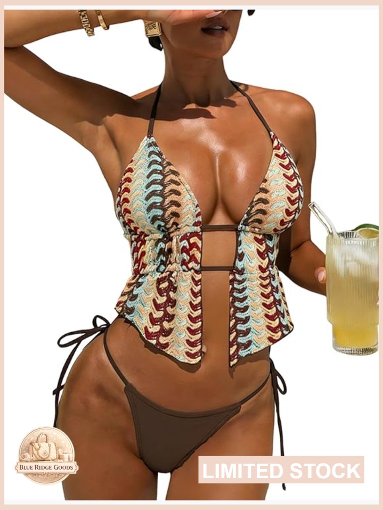 Halter Backless Bikini Set Textured Crochet Cheeky High Cut Y2k Beachwear